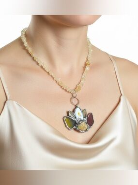 Citrine & Sea Glass Pendant - Broken China &  Vintage 90s Citrine Chip Necklace